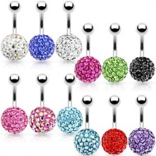 Shimmering belly button piercing made of steel, two balls, colourful zircons