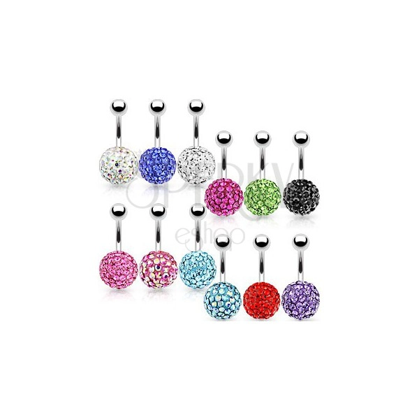 Shimmering belly button piercing made of steel, two balls, colourful zircons