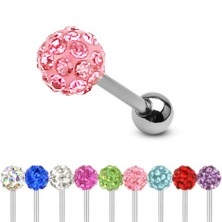 Tongue barbell made of steel, silver colour, coloured shimmering zircons