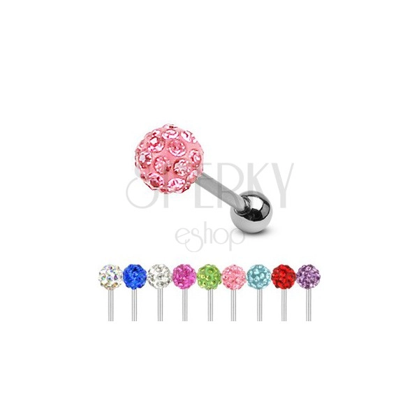 Tongue barbell made of steel, silver colour, coloured shimmering zircons