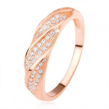 925 silver wedding ring, coppery colour, oblique lines of clear zircons