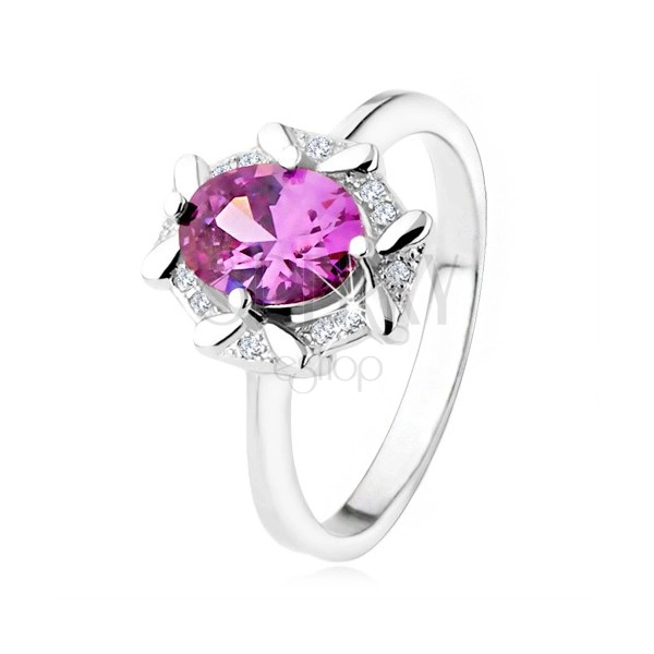 Engagement ring made of 925 silver, oval violet stone, zircon bordering