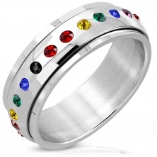 Glossy steel ring - circular centre, zircon of rainbow colours