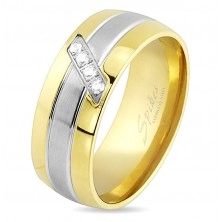 Ring made of steel, lines of gold and silver colour, oblique stripe of clear zircons, 8 mm