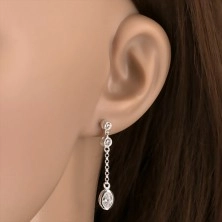 Stud earrings, 925 silver, round and oval clear zircon, chain
