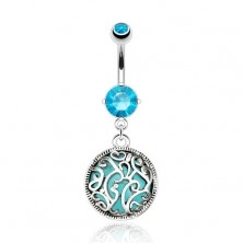 Steel navel piercing, turquoise stone with filigree ornaments, zircons
