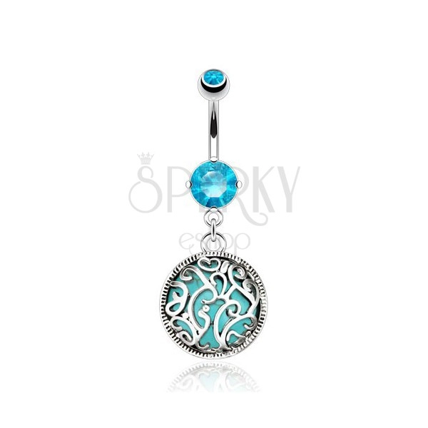 Steel navel piercing, turquoise stone with filigree ornaments, zircons