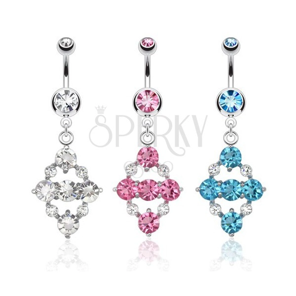 Steel navel piercing, rhombus made of round colourful stones