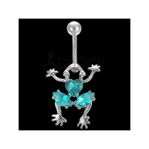 Stainless steel belly button piercing - crawling frog with coloured zircons