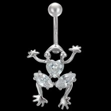 Stainless steel belly button piercing - crawling frog with coloured zircons