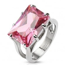 Steel ring in silver colour, massive zircon - pink rectangle