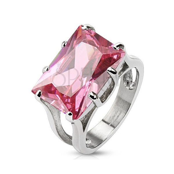 Steel ring in silver colour, massive zircon - pink rectangle