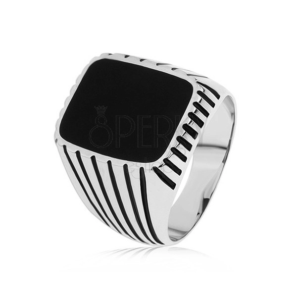 925 silver ring, black stripes on arms, rectangle with black glaze