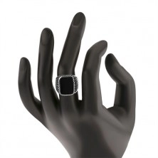 925 silver ring, black stripes on arms, rectangle with black glaze