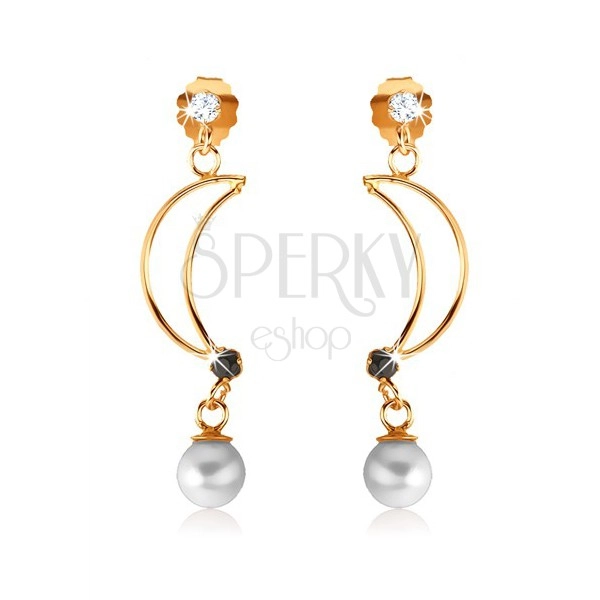 Gold earrings 375 - crescent contour decorated with sapphire and pearl