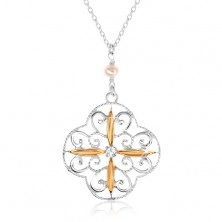 Necklace made of silver 925, flower with ornaments, ovals in gold colour, zircon