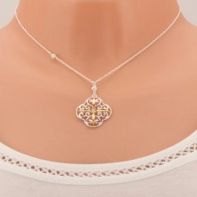 Necklace made of silver 925, flower with ornaments, ovals in gold colour, zircon