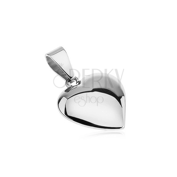 Shiny pendant made of steel, slightly bulging asymmetrical heart of silver colour