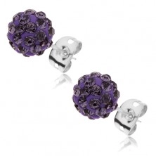 Steel Shamballa earrings - glimmering violet ball with zircons, 8 mm