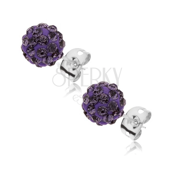 Steel Shamballa earrings - glimmering violet ball with zircons, 8 mm