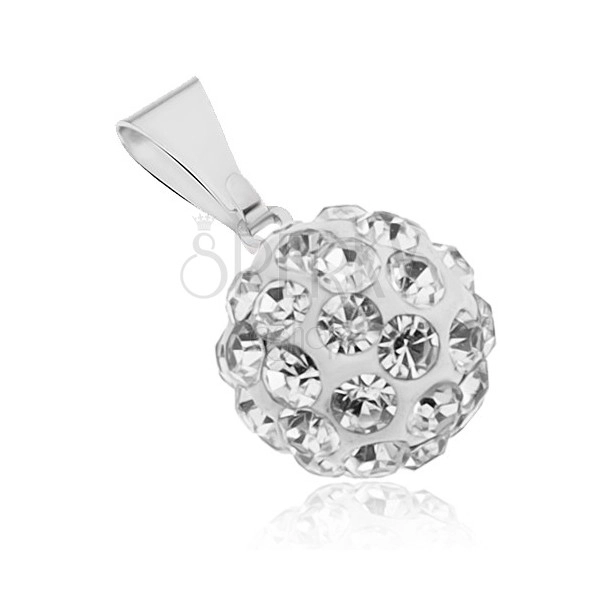 Steel Shamballa pendant - white ball inlaid with zircons of clear colour, 12mm
