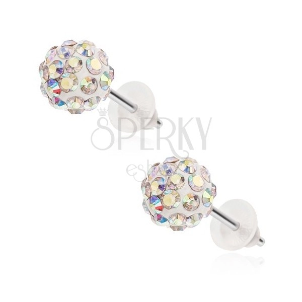 Steel earrings Shamballa - white balls, zircons with rainbow reflection, 8 mm