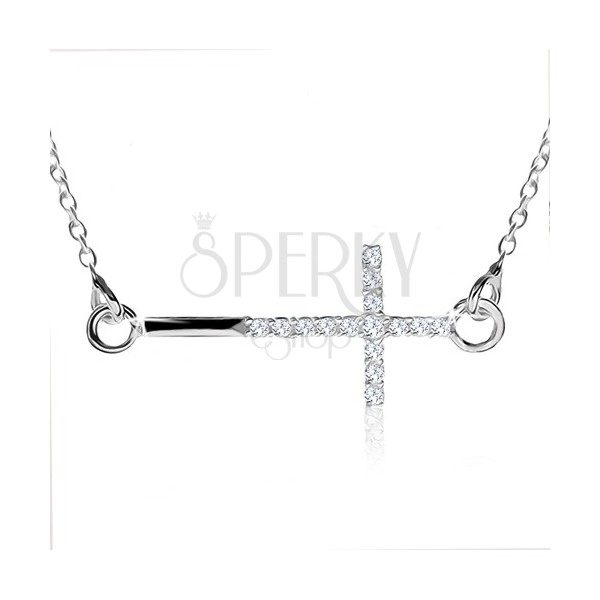 Necklace with delicate chain, Latin cross, clear zircons, silver 925