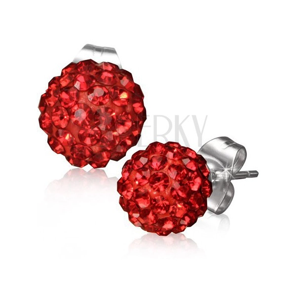 Earrings made of steel 316L, red Shamballa balls, shimmering zircons, 8 mm