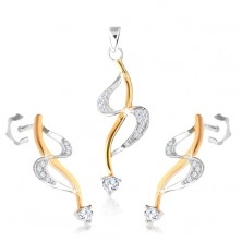 925 silver earrings and pendant, "S" line, wave in gold tone, zircons