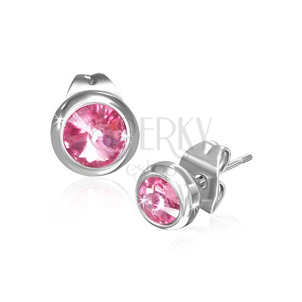 Earrings made of 316L steel, round zircons of light pink colour