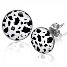 Stud earrings made of steel - black asymmetrical spots, white background