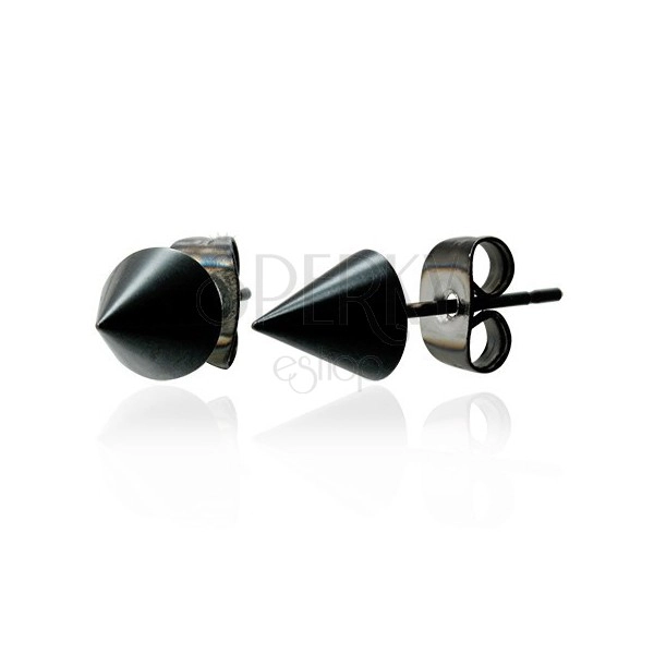 Black glossy earrings made of stainless steel, cut cone, 6 mm