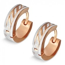 Earrings made of steel - two-coloured circles with oblique grooves, satin gloss