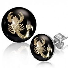 Stud earrings made of steel, scorpion in gold colour on black background