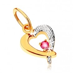 Two-coloured pendant in 9K gold - heart outline with dark pink ruby, rhodium plated