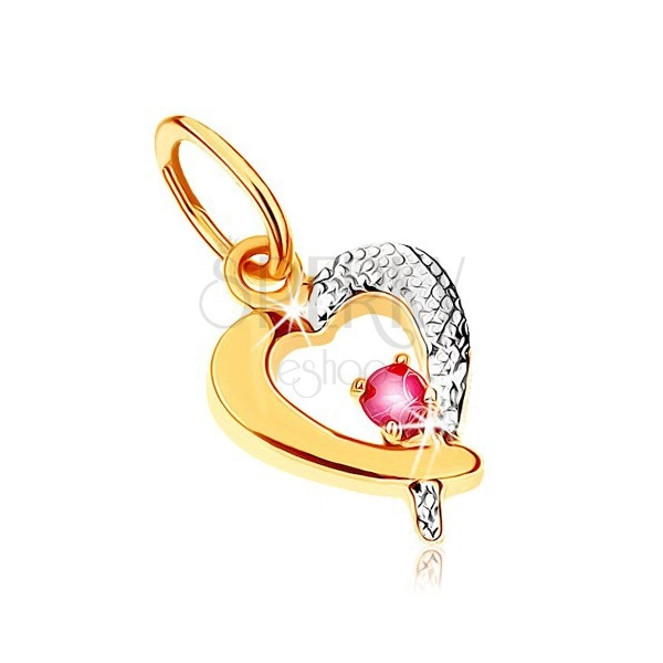 Two-coloured pendant in 9K gold - heart outline with dark pink ruby, rhodium plated