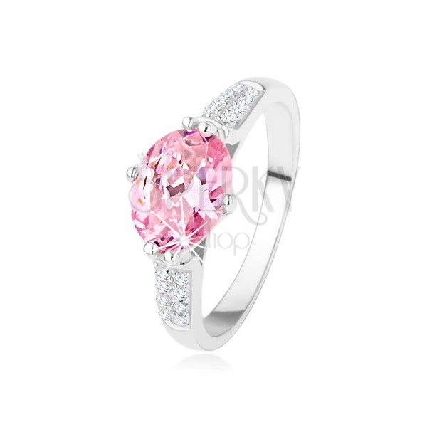 Engagement ring made of 925 silver, oval pink zircon, tiny clear zircons