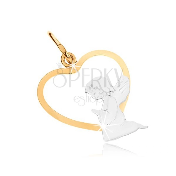 375 gold two-coloured pendant - kneeling angel in lower part of heart outline