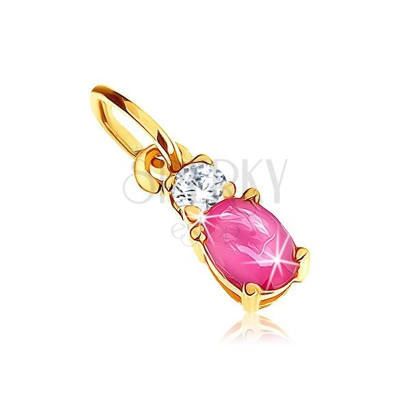 Pendant made of yellow 9K gold - oval dark pink ruby, clear zircon