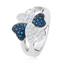 Ring made of 925 silver, four hearts - tiny clear and blue stones