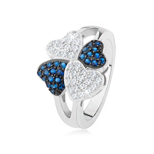 Ring made of 925 silver, four hearts - tiny clear and blue stones