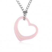 Steel necklace, pink ceramic heart contour, chain of silver colour