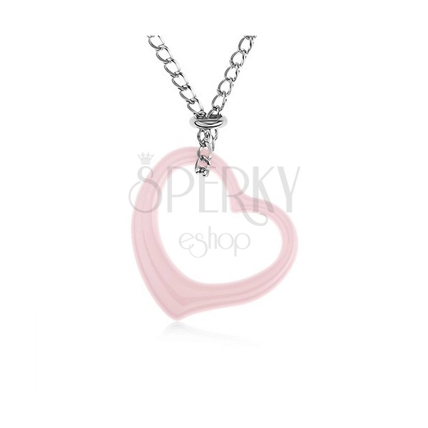 Steel necklace, pink ceramic heart contour, chain of silver colour