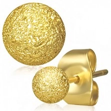 Steel earrings of gold colour, balls with sanded surface, studs