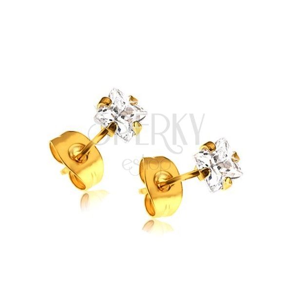 Stud earrings of gold colour made of 316L steel, clear zircon squares