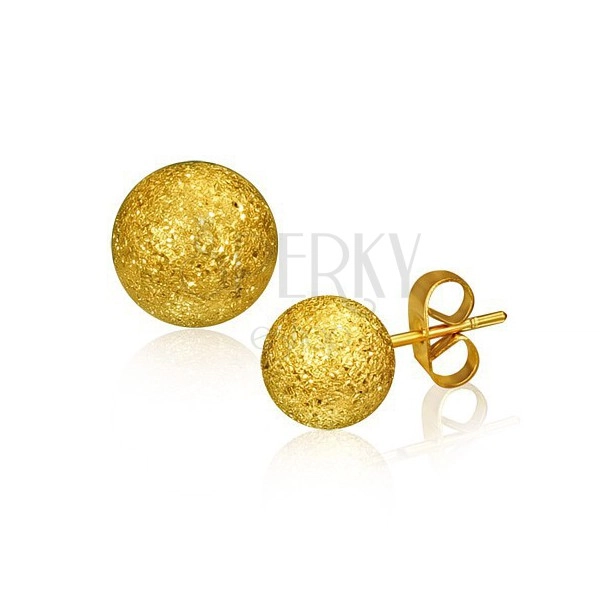 Steel earrings, ball of gold colour with sanded surface, 6 mm