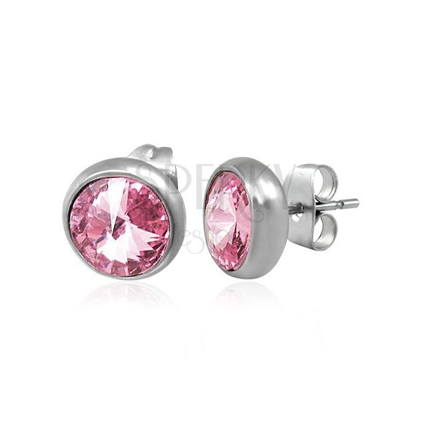 Earrings made of steel, large round pink zircons, stud closure