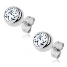 Steel earrings of silver colour, ball with embedded clear zircon
