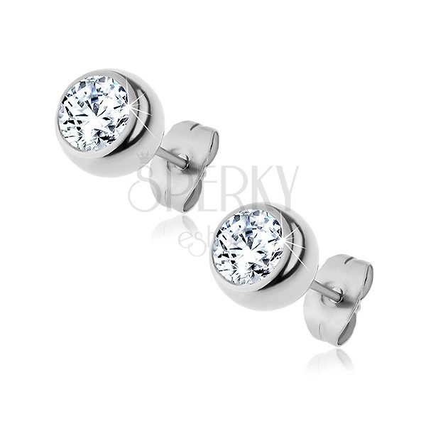 Steel earrings of silver colour, ball with embedded clear zircon