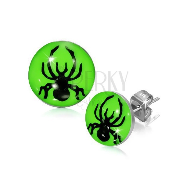 Round earrings made of steel - black spider on neon green background
